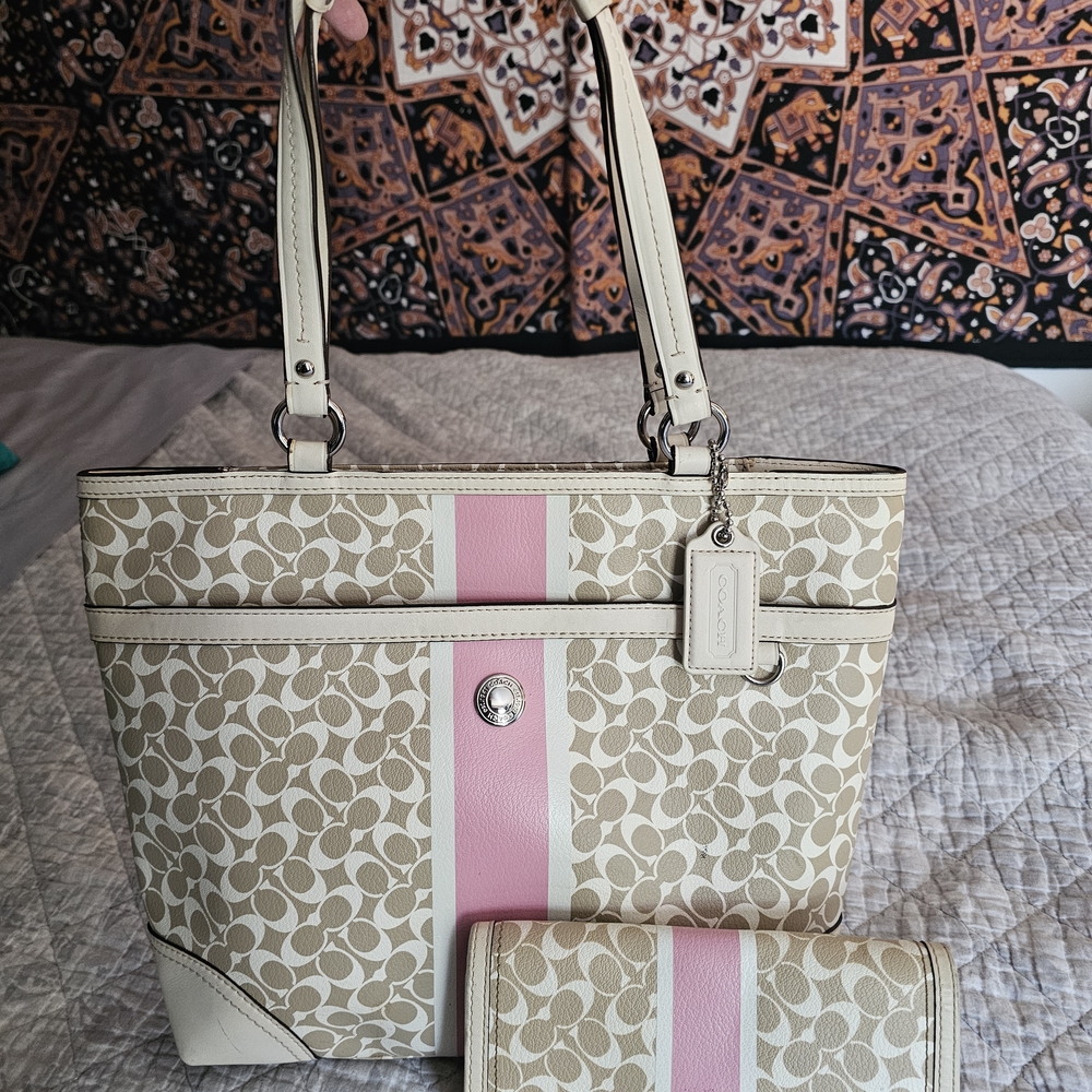 Coach Beige and Pink Signature Tote Bag
